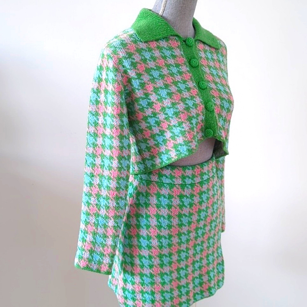 ZARA Houndstooth Knit Crop Cardigan & Skirt Set 2 pc S pink green mini skirt